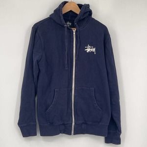 Stussy Mens Hoodie Sweatshirt Blue Full Zip Pockets Long Sleeve Logo Cotton M
